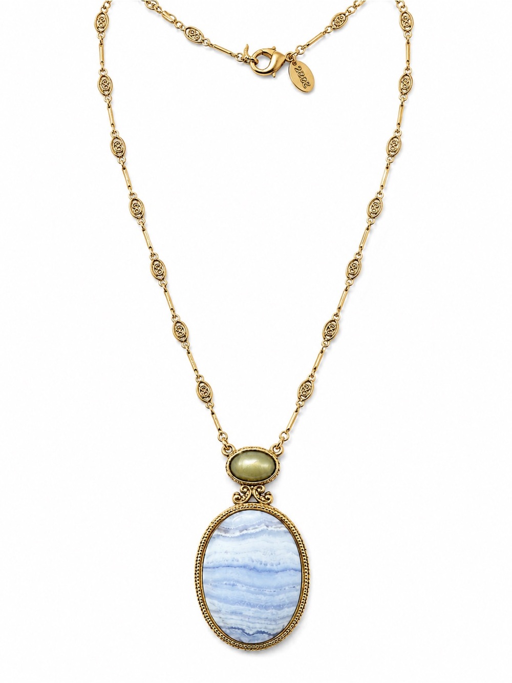 Signed 2028 Blue Lace Agate Style Victorian Revival Gold Tone Statement Necklace